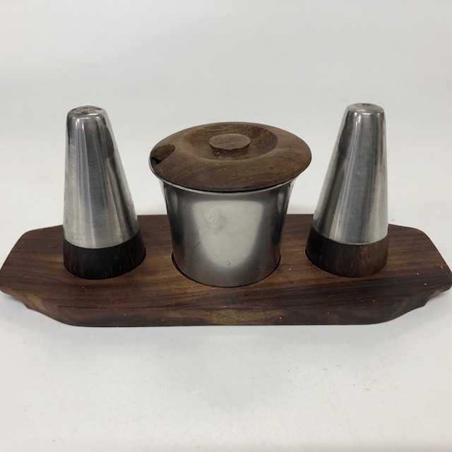 CONDIMENT SET, 1970s Teak and Stainless Steel
